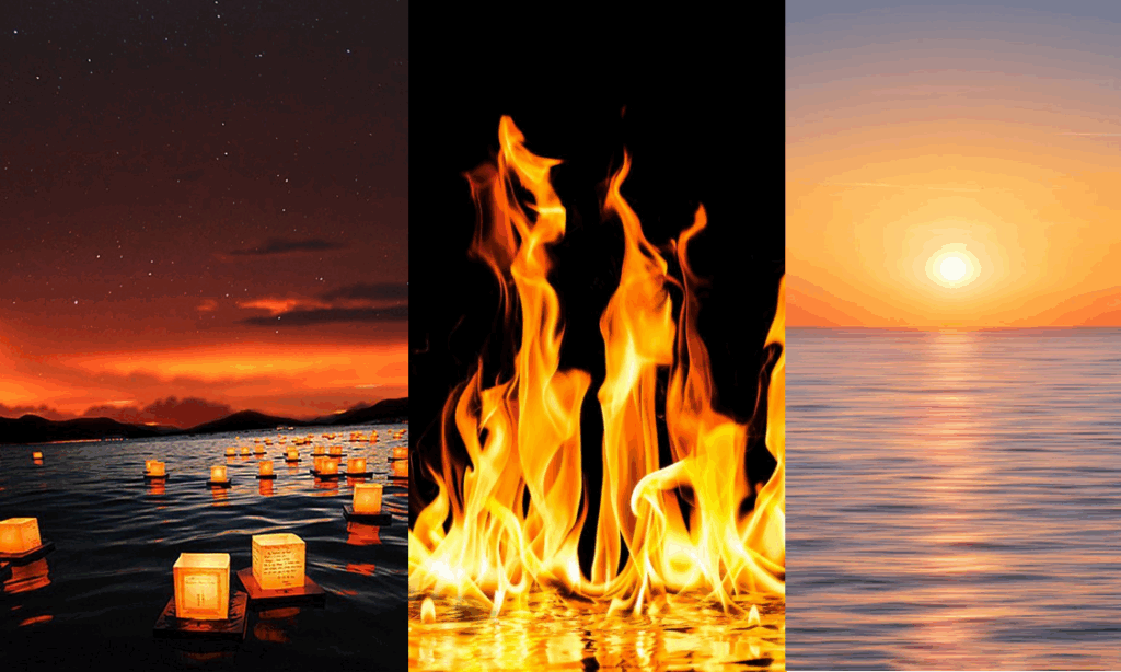 바다위 전등, 불, 노을